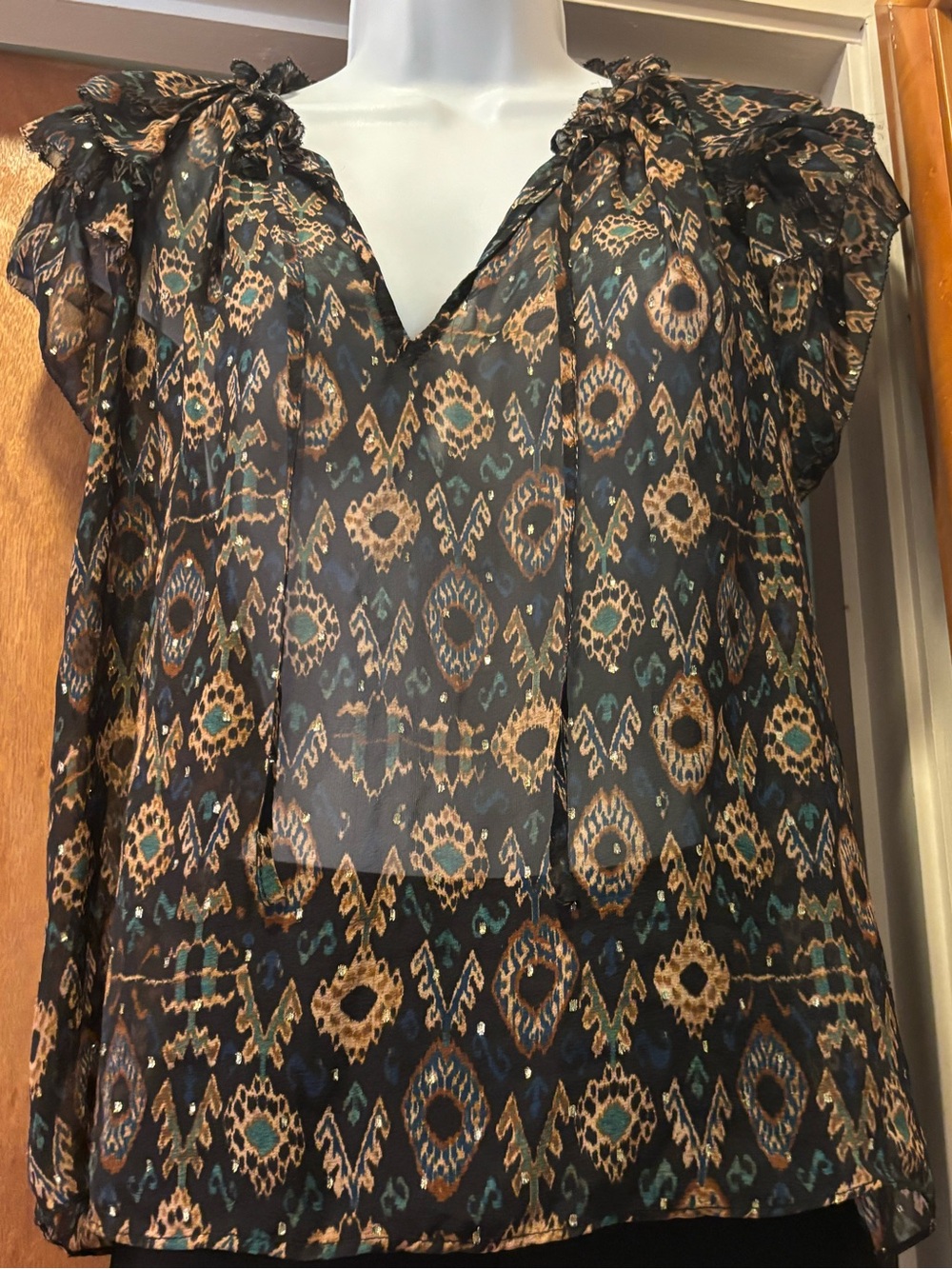 Sheer Blue and Brown Geometric Ruffle-Sleeve Blouse